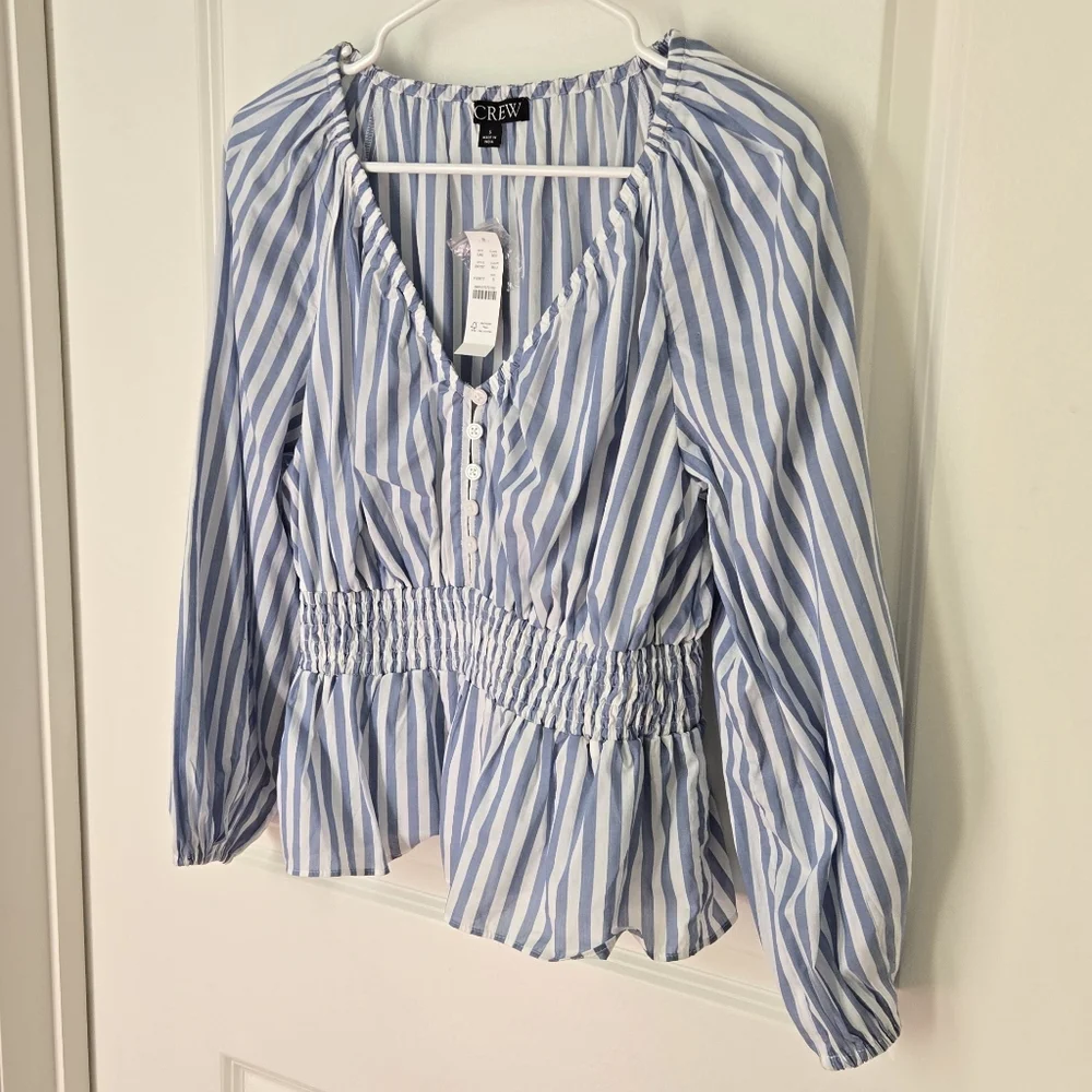 NWT J.Crew V-Neck Smocked Waist Striped Top Sz S - Picture 4 of 14
